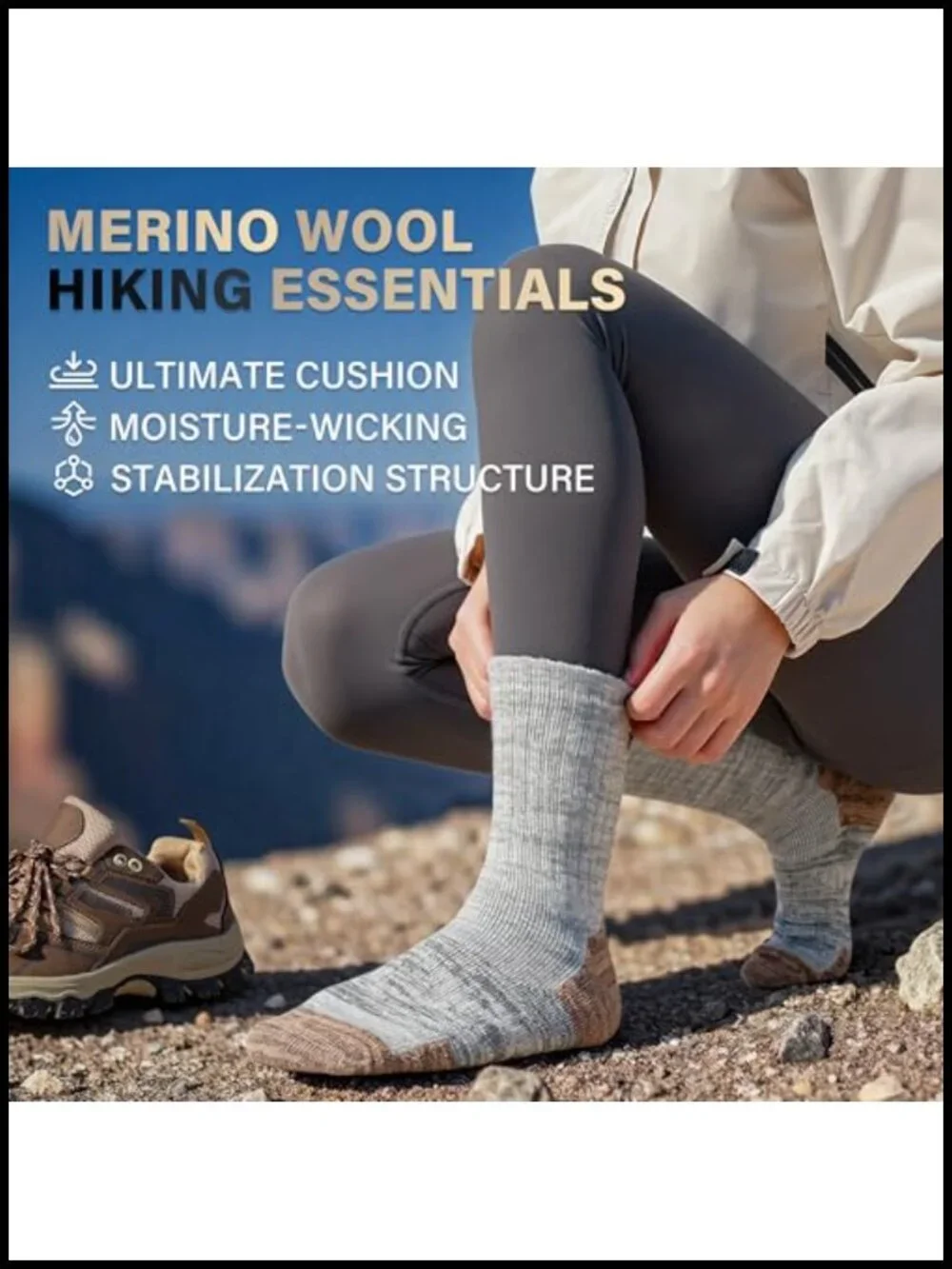 Merino Wool Hiking Socks 4-Pack Full Cushion Crew Thermal